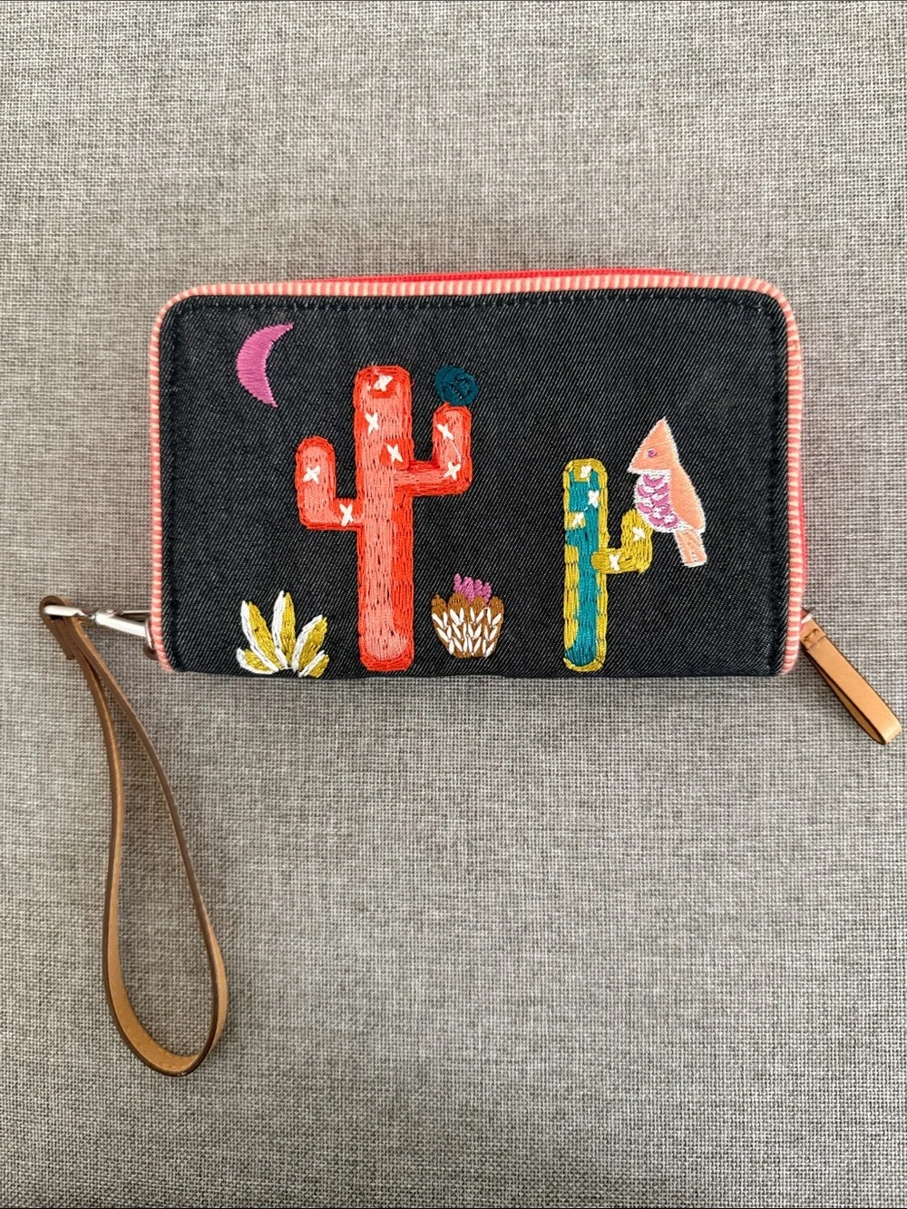 Vera Bradley Embroidered Cactus Wristlet Wallet in Black Denim